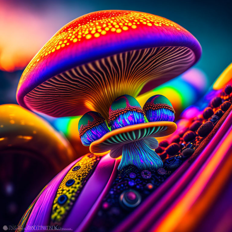 Colorful Psychedelic Mushroom Patterns on Vibrant Background