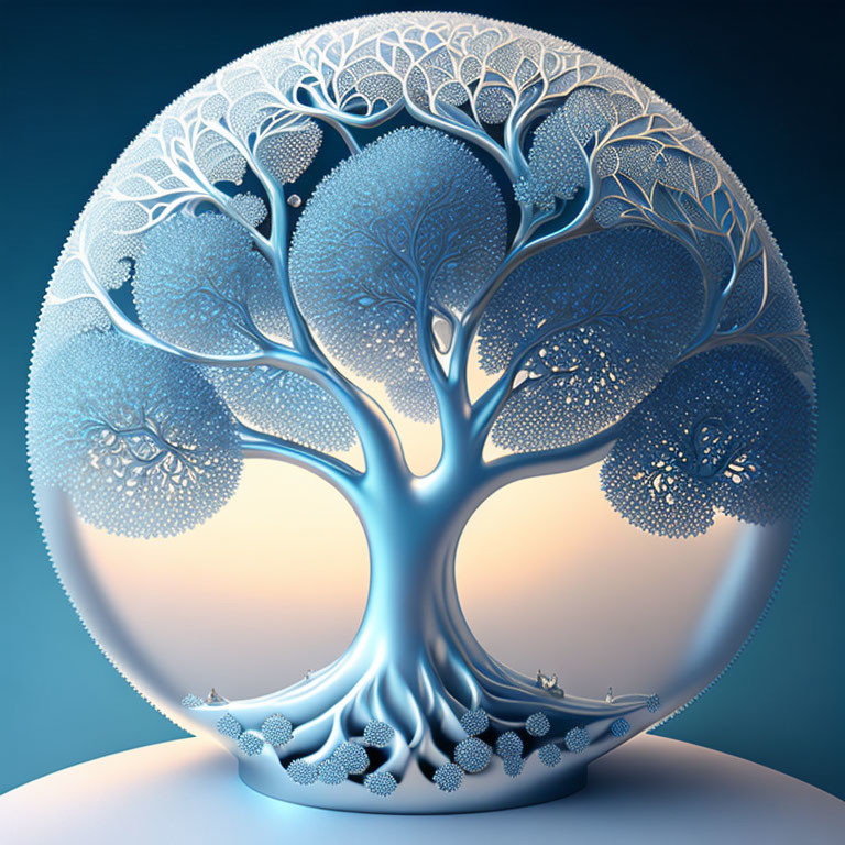 Detailed digital artwork: Stylized tree with circular canopy on blue gradient.