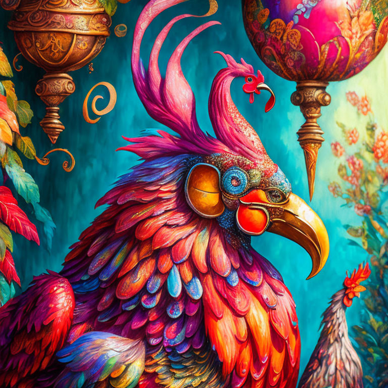 Colorful Stylized Rooster Painting with Floral Patterns and Ornaments