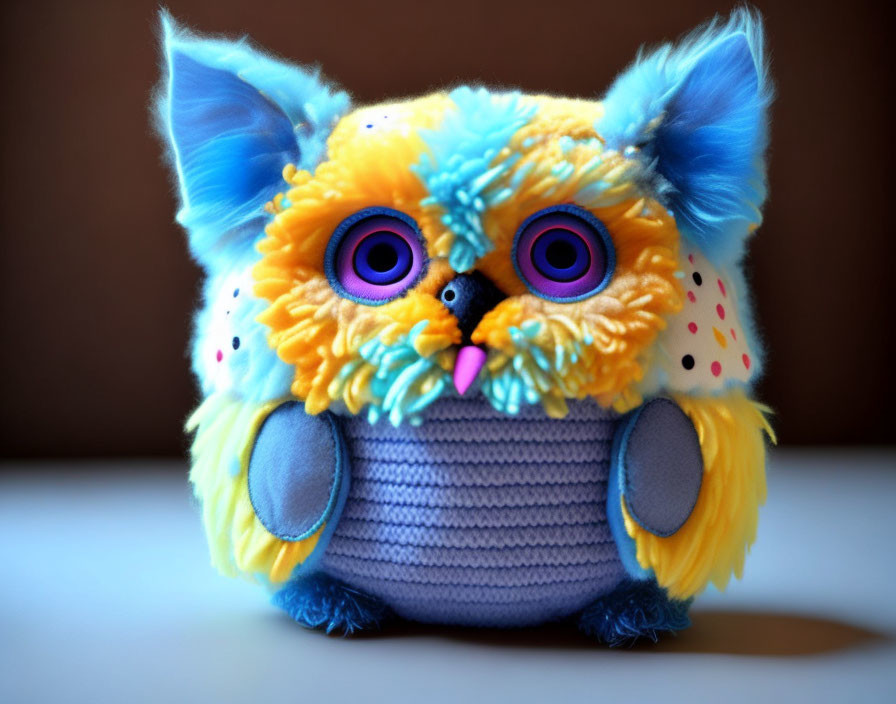 Fluffy toy with purple eyes, wings, blue and yellow fur