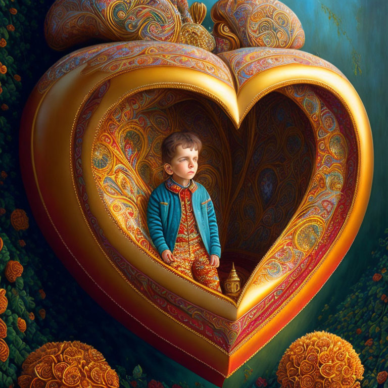 Child in colorful heart-shaped structure amid lush greenery