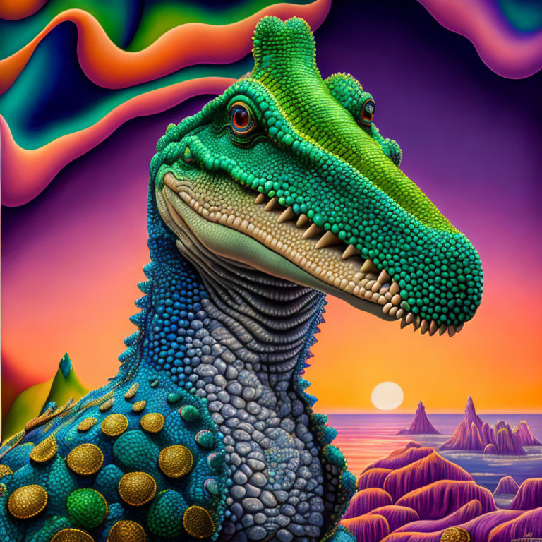 Colorful Stylized Dinosaur in Surreal Landscape at Sunset