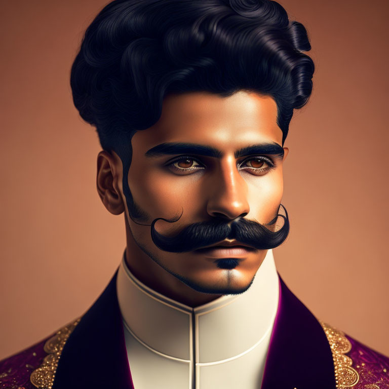 Man with Stylized Hair and Prominent Mustache in High-Collared Outfit