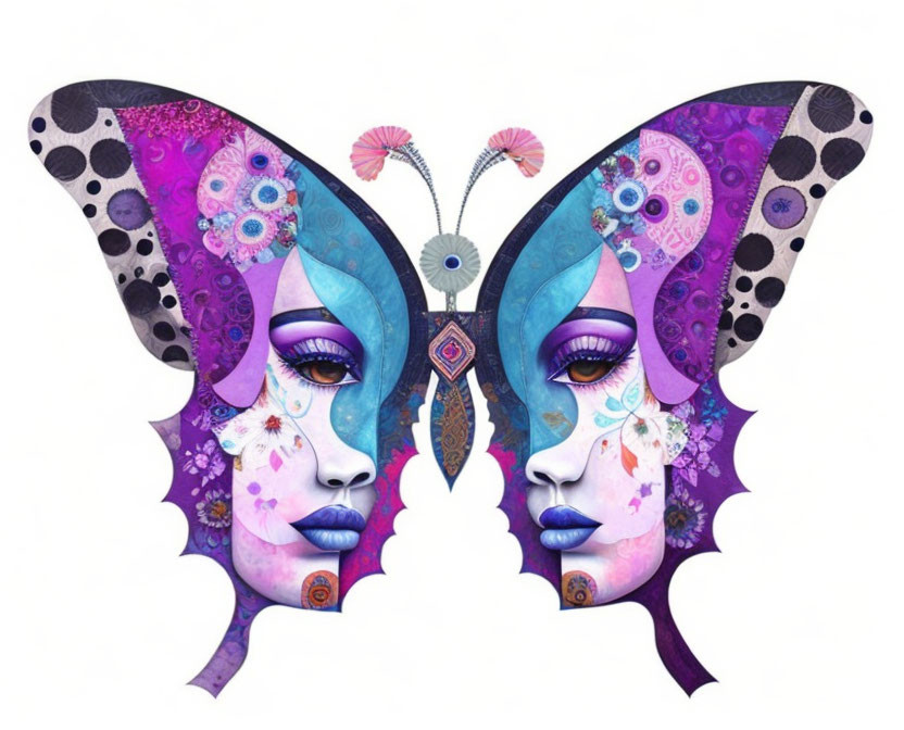 Symmetrical Butterfly and Human Face Artwork with Floral Motifs