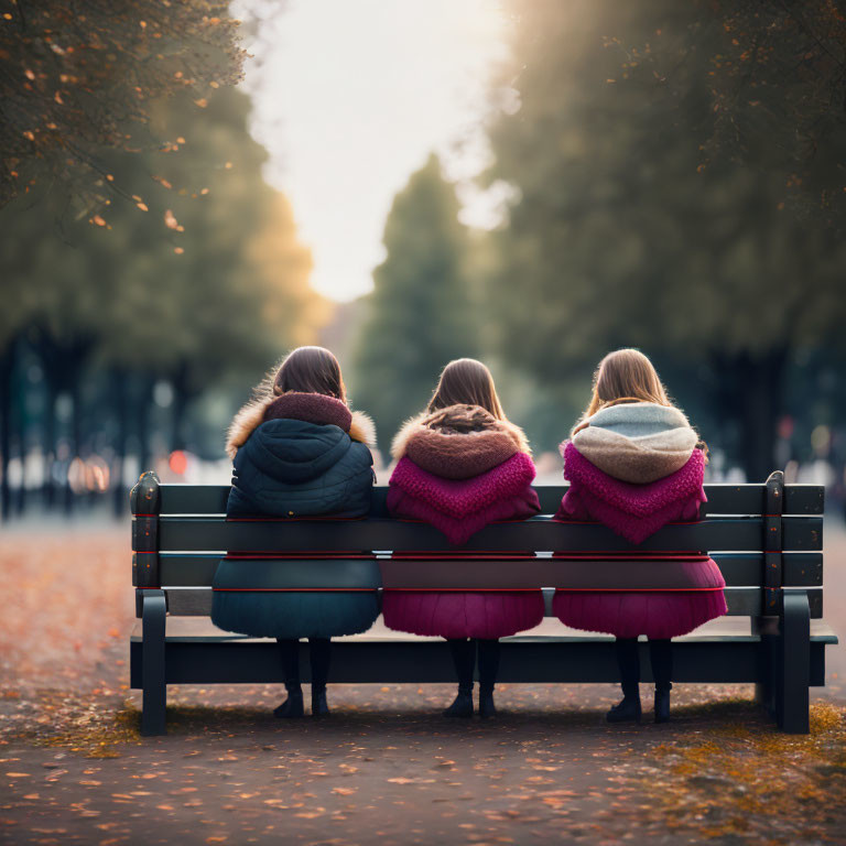 Three People in Warm Clothing on Park Bench Surrounded by Autumn Leaves