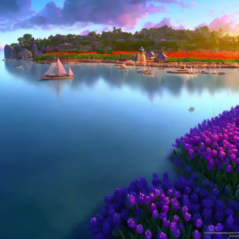 Tranquil Harbor Scene with Boats and Tulip Fields at Sunrise