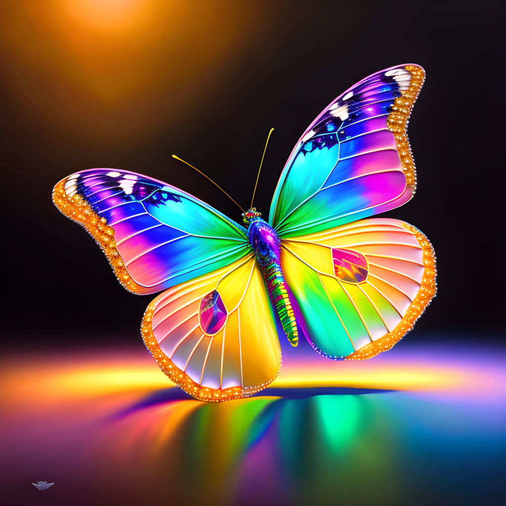 Colorful Digital Butterfly Perched on Reflective Surface