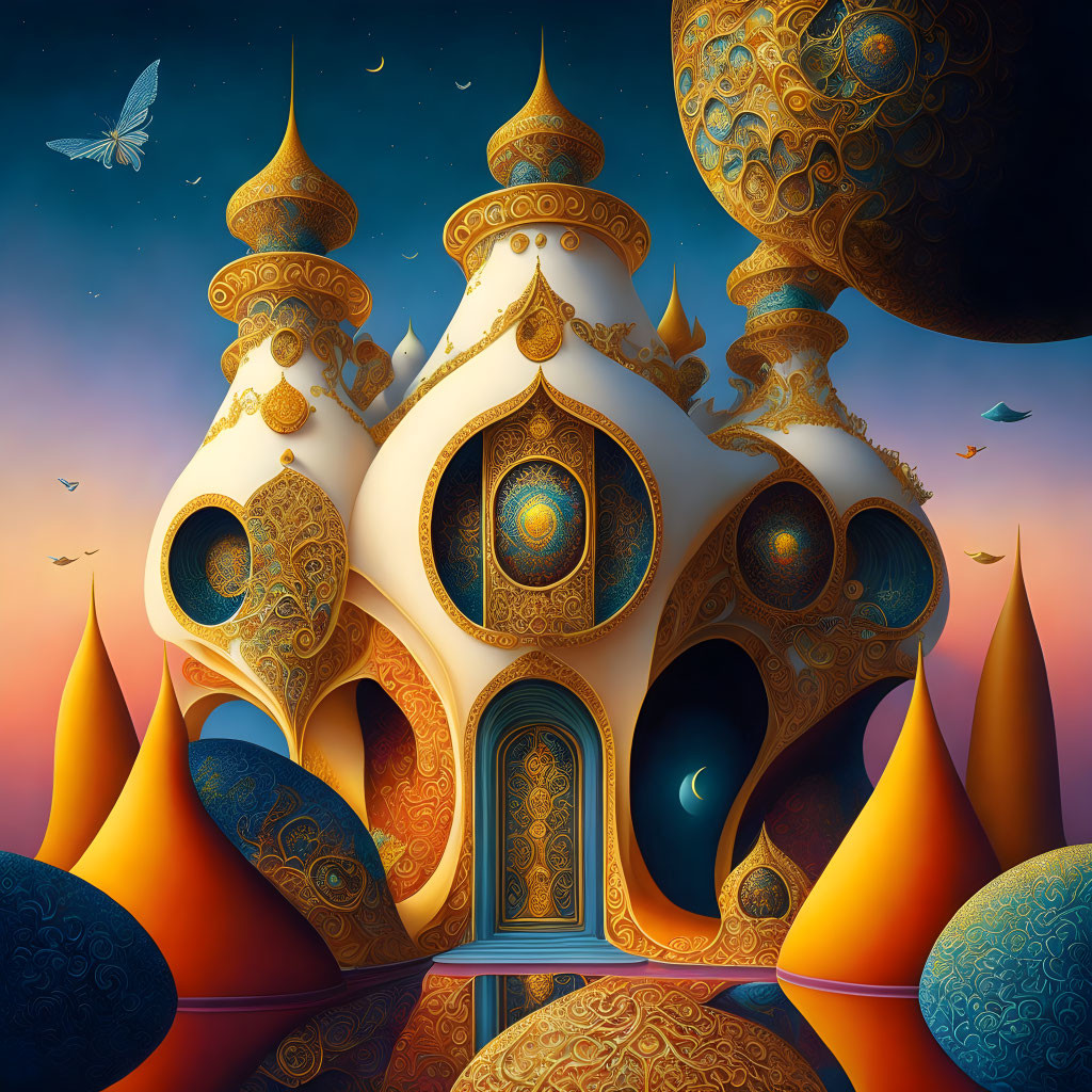 Ornate golden domed palace at twilight with floating orbs, birds, and butterfly