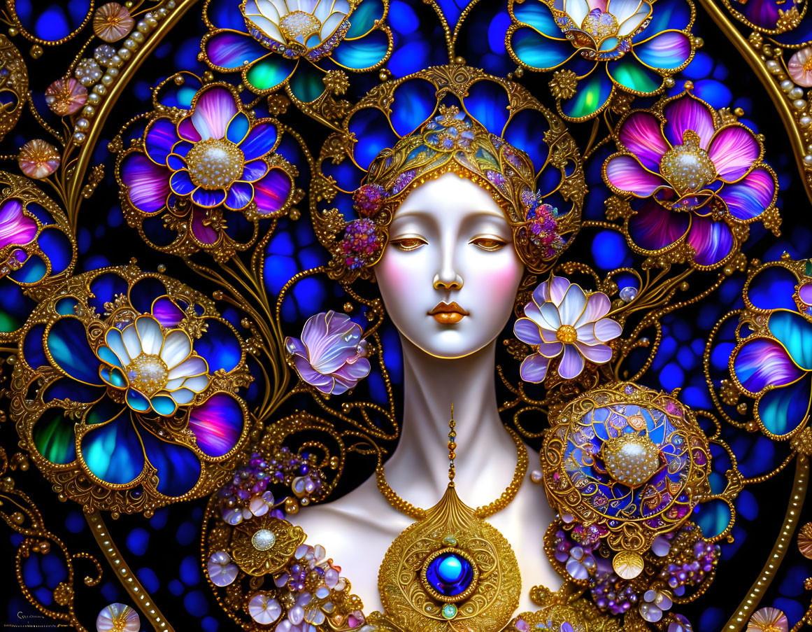 Vibrant artwork of woman with violet features and ornate floral patterns