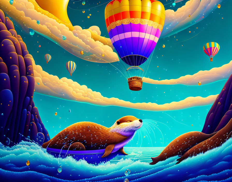 Illustration of giant otter, hot air balloon, landscapes under starry sky