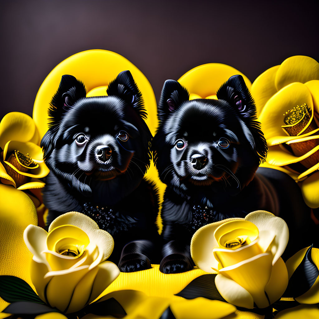 Glossy Black Dogs Among Vibrant Yellow Roses on Dark Background