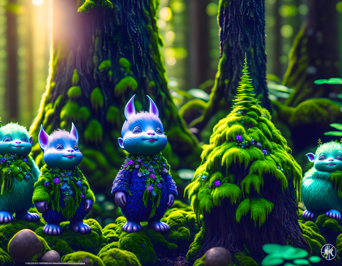 Vibrant animated creatures in mossy forest under sunlight