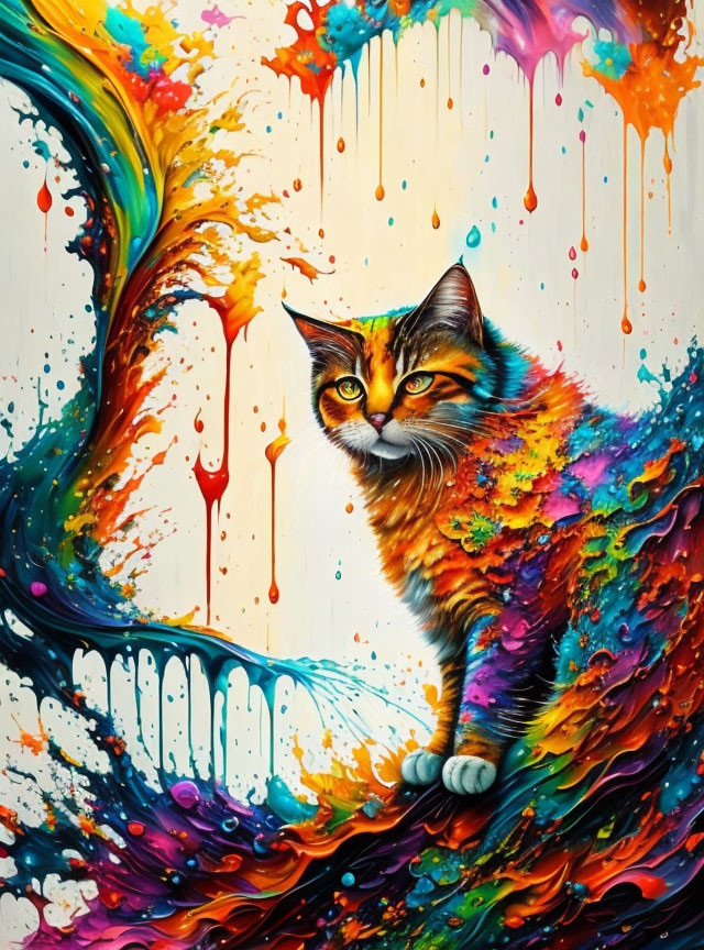 Colorful Cat Painting with Swirling Paint Splashes