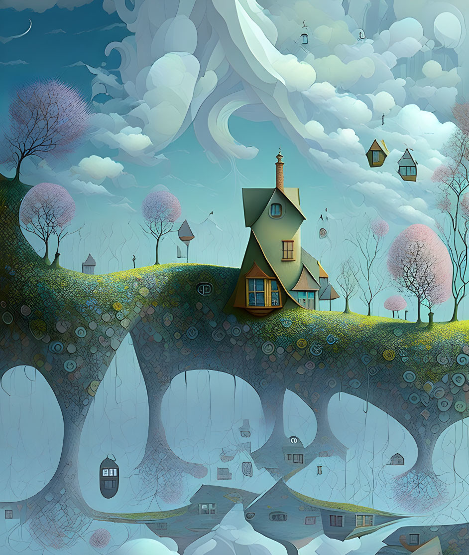 Whimsical house on curved tree bridge with lanterns and surreal sky