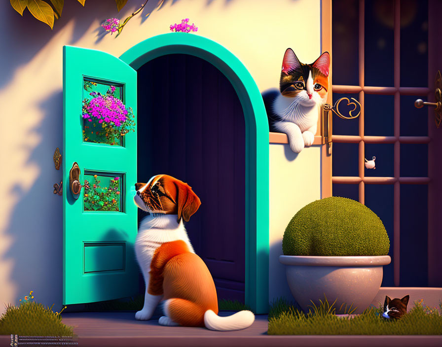 Curious dog gazes at cat by blue door with flowers