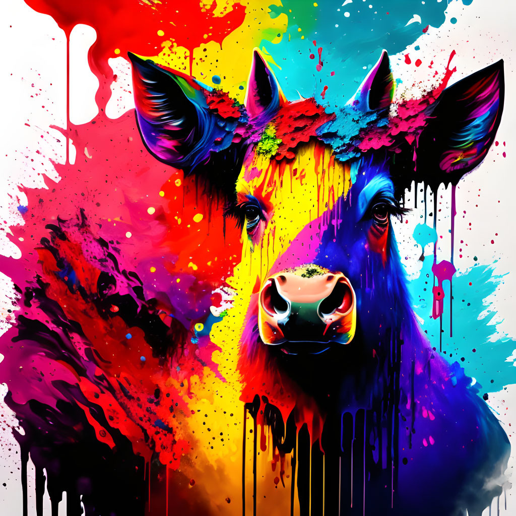 Colorful Cow Face Painting with Abstract Splatter Effect on White Background