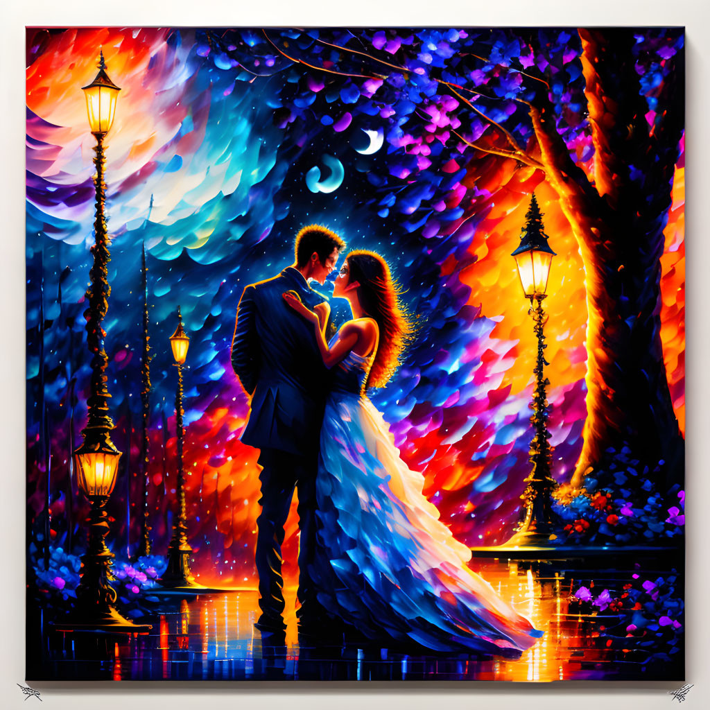 Colorful painting of couple embracing under crescent moon and stars reflected on glossy surface