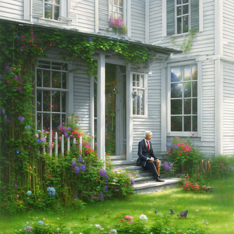 Elderly Man Sitting on Front Steps of White House with Greenery and Flowers