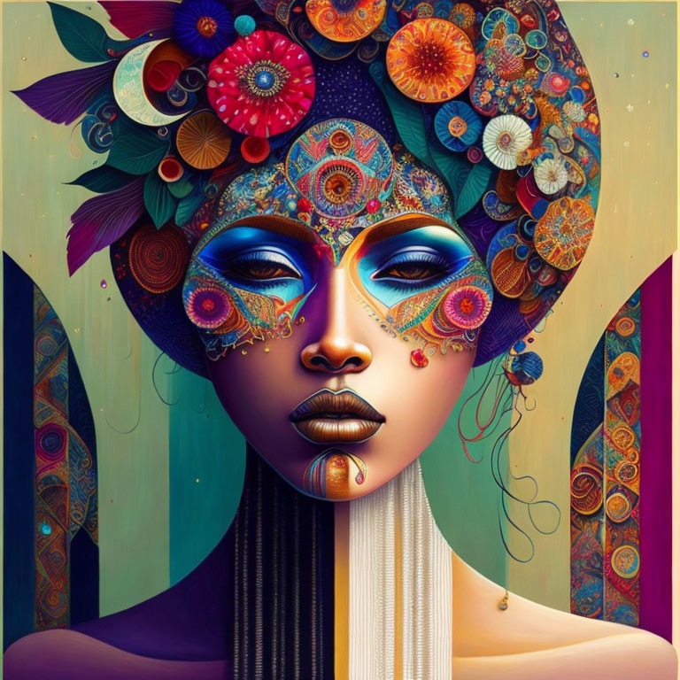 Colorful digital artwork of woman with ornate headdress and floral patterns