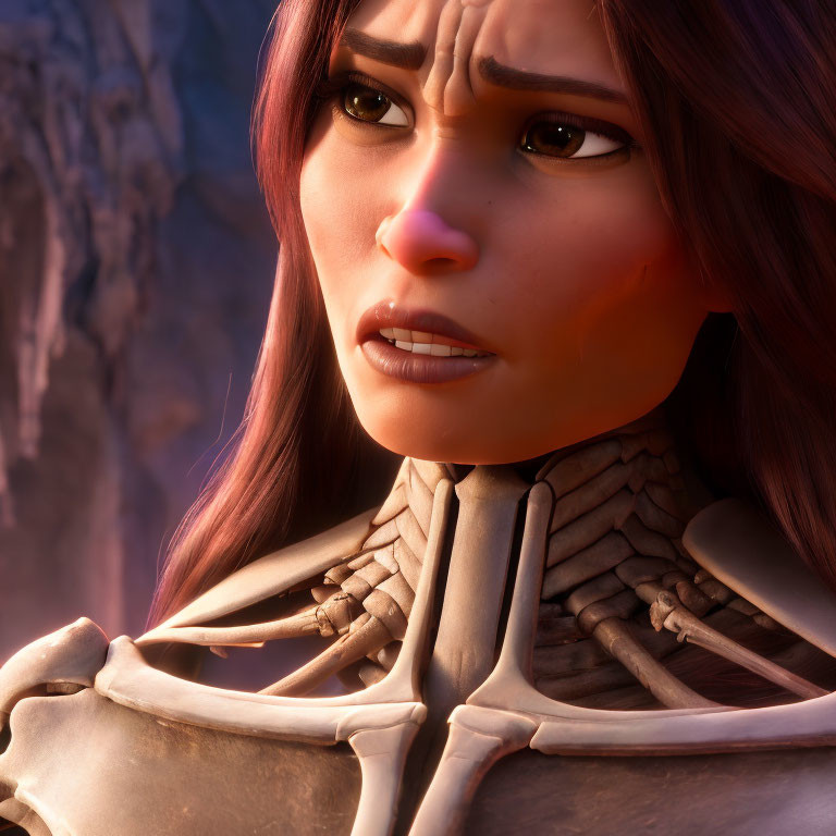 Detailed close-up of 3D animated female character in skeleton armor with glowing skin and red hair,