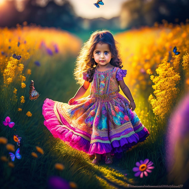 Young girl in colorful dress surrounded by flowers and butterflies in golden light