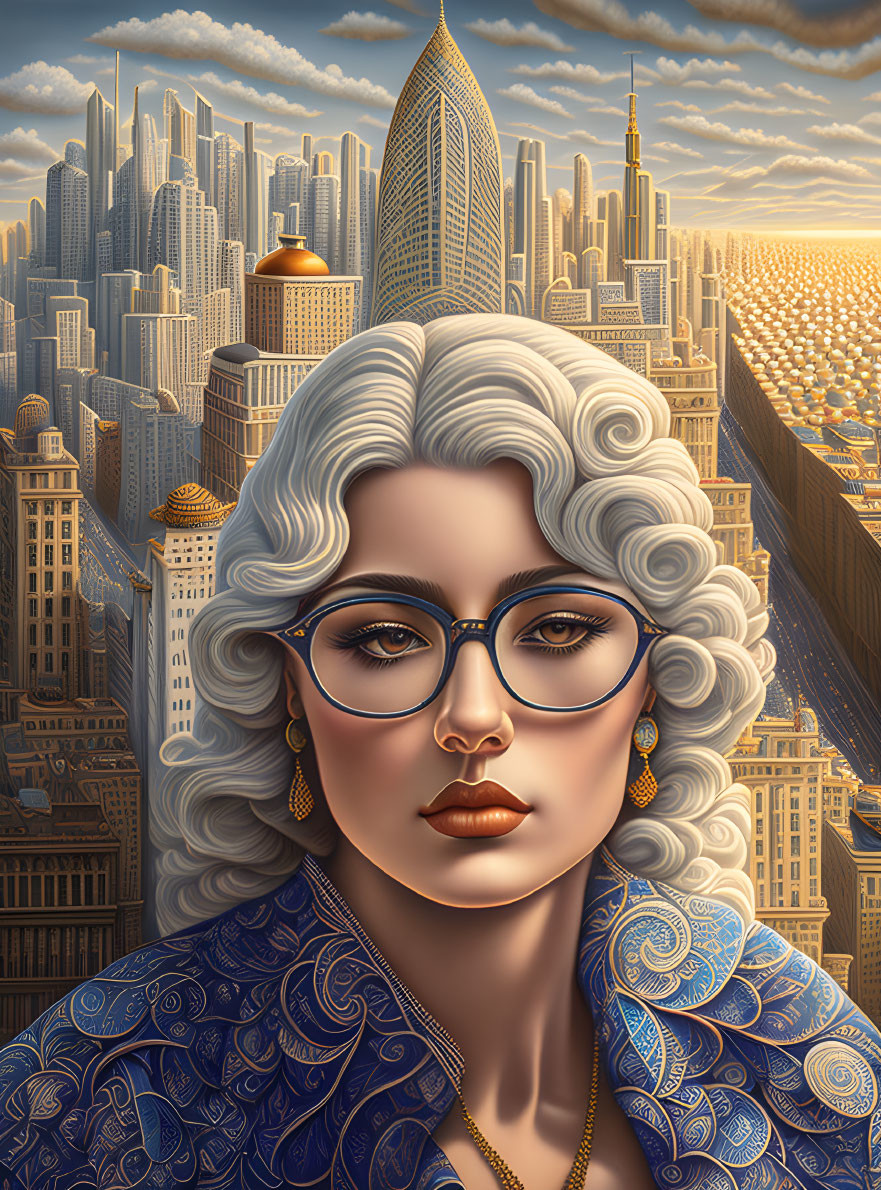 Curly Haired Woman with Glasses in Cityscape Scene