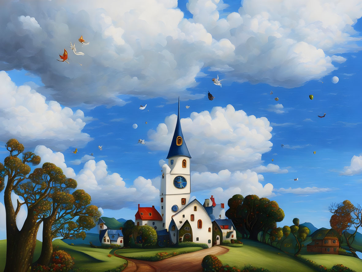 Whimsical painting of church, clock face, pastoral landscape, flying fish-like boats