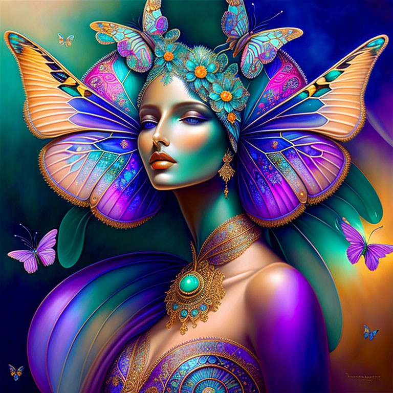 Colorful Artwork of Woman with Butterfly Wings and Floral Hair Adornments