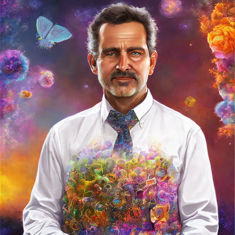 Man with Beard and Floral Tie Surrounded by Cosmic and Floral Elements