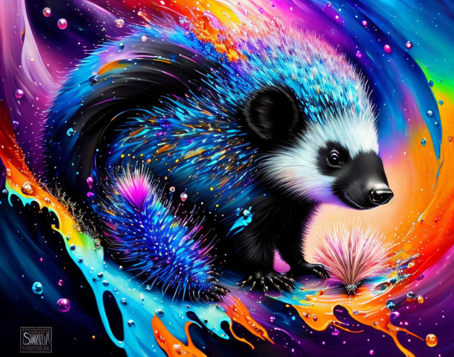 Colorful Stylized Skunk Artwork with Cosmic Pattern and Neon Hues