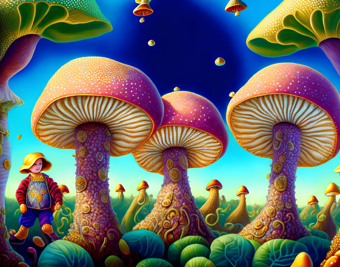 Colorful Mushroom Forest Illustration with Explorer Character and Oversized Fungi