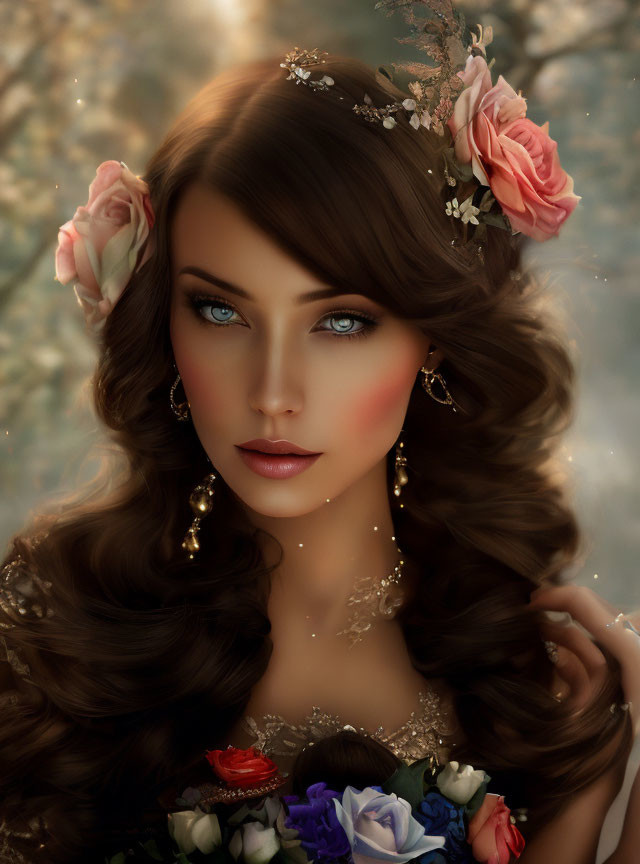 Digital portrait of a woman with brown hair, blue eyes, and floral accessories on soft background