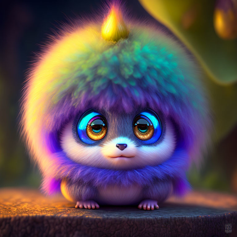 Colorful fluffy creature with blue eyes and flame on wooden surface