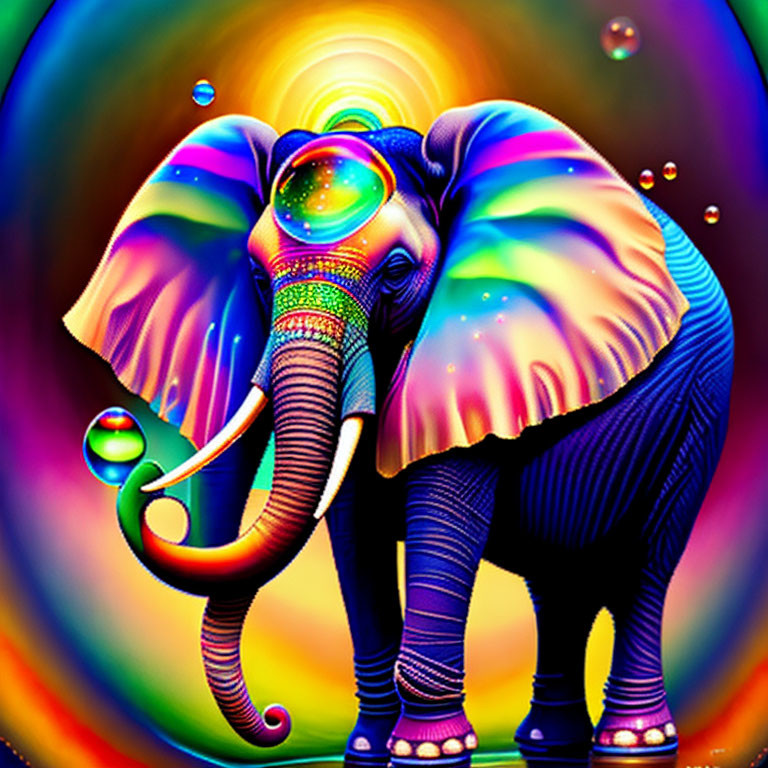 Colorful Psychedelic Elephant Illustration on Rainbow Background