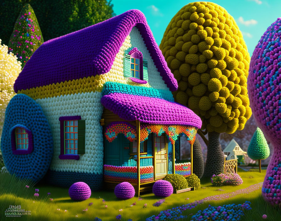 Colorful Yarn-like Cottage Surrounded by Pom-Pom Trees