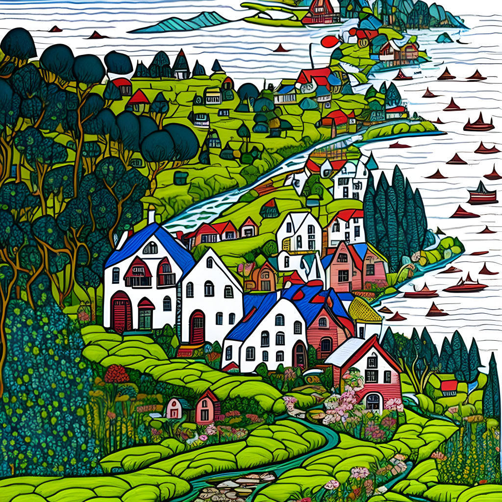 Vibrant village illustration with rolling hills, river, and sailboats