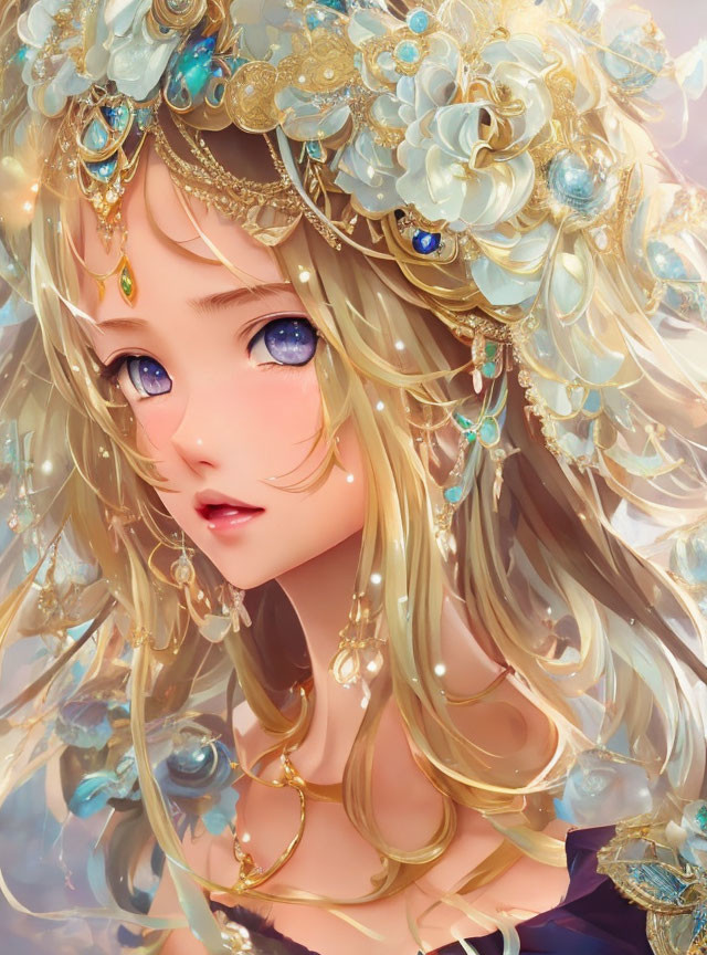 Illustrated portrait of young woman with blonde hair and gold-blue floral headpiece.