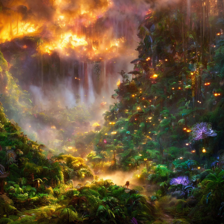 Lush jungle waterfall with magical glowing lights and fiery sparks