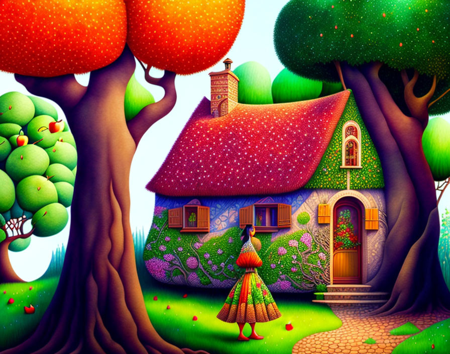 Colorful Cottage Illustration with Fruit Trees and Woman in Patterned Dress