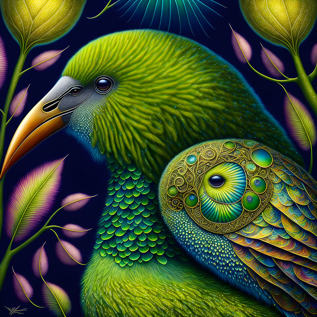 Colorful illustration of green bird with peacock-like feathers in stylized flora setting