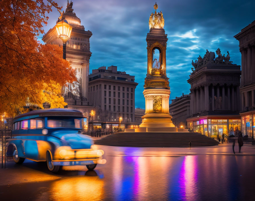 Vintage Car Drives Through City Square at Twilight