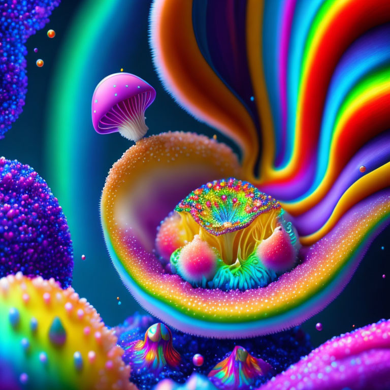 Colorful digital art: Psychedelic jellyfish, radiant patterns, neon spheres in underwater scene