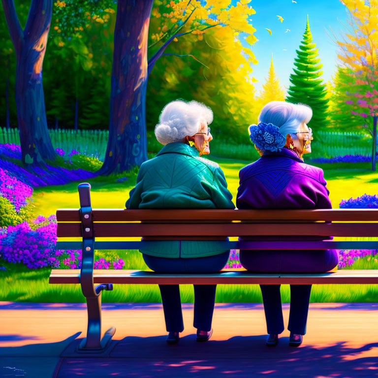 Elderly women on park bench surrounded by vibrant nature