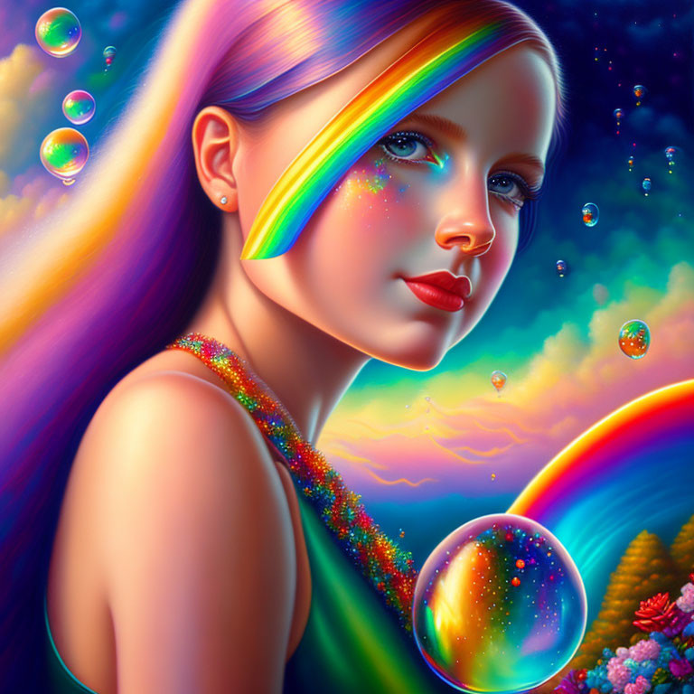 Colorful girl with rainbow hair in cosmic sunset scene