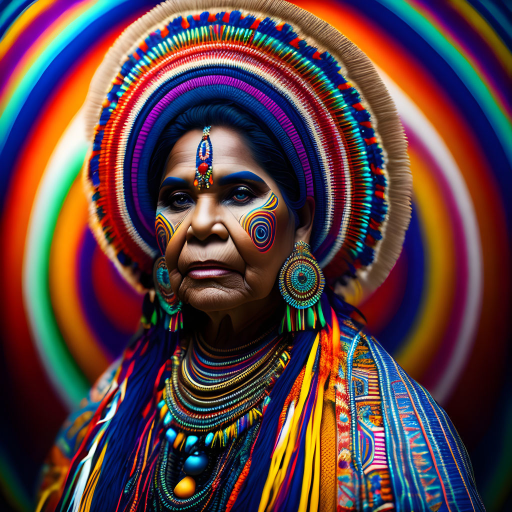 Colorfully dressed woman with painted face against swirling backdrop