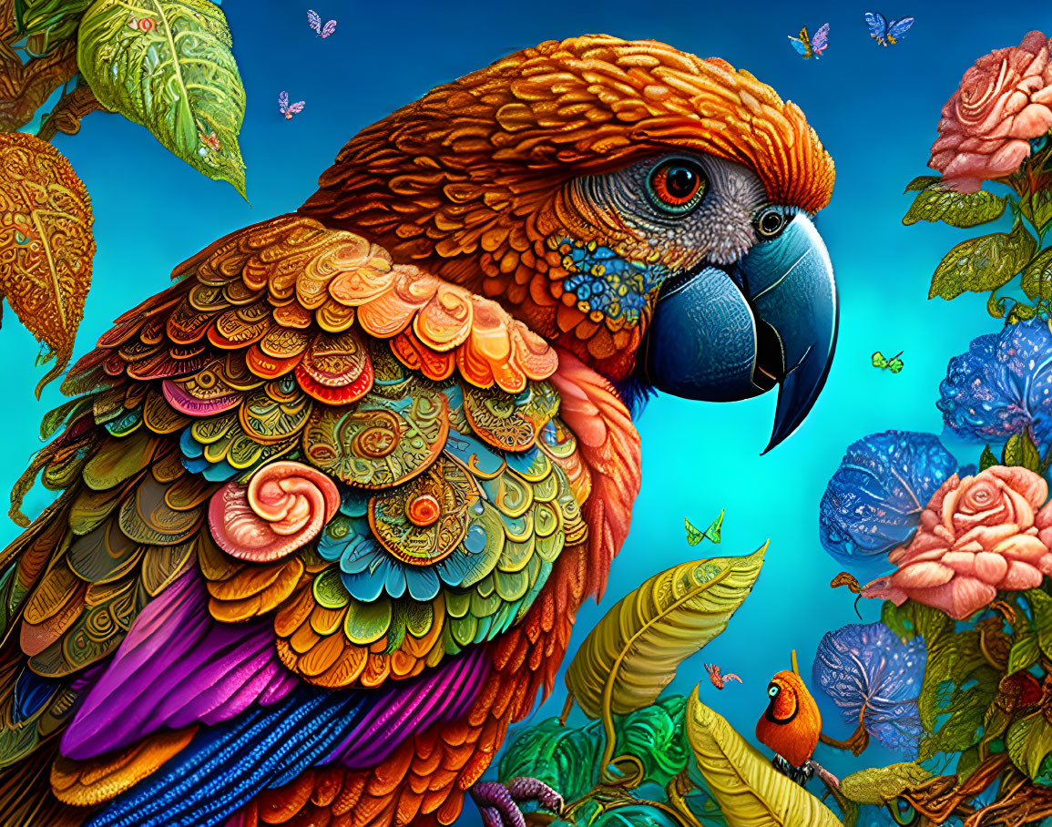 Colorful Parrot with Detailed Feathers in Vibrant Floral Scene