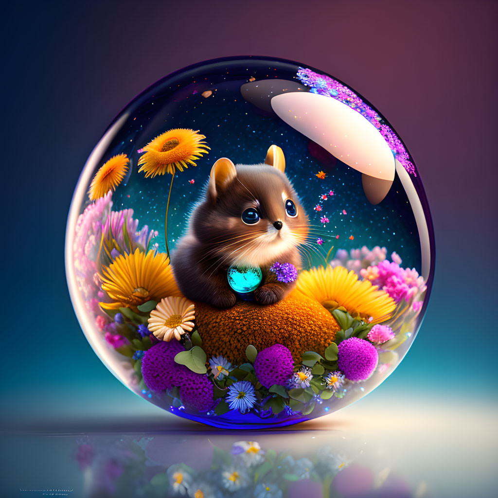 Fluffy brown and black hamster on orange mushroom in colorful glass sphere