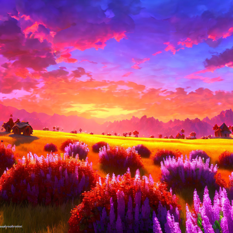 Colorful sunset over countryside field with purple and red flowers and small houses in the distance