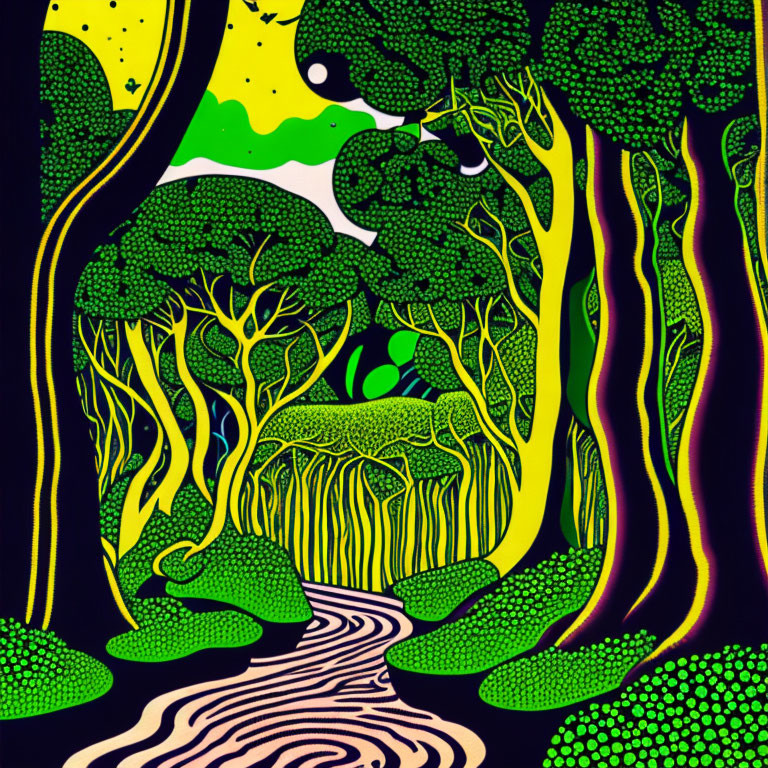 Psychedelic forest illustration with twisted trees and starry sky