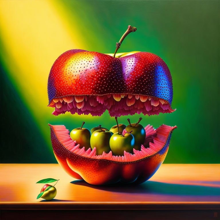 Colorful Surreal Painting of Large Apple Sliced Open with Smaller Apples